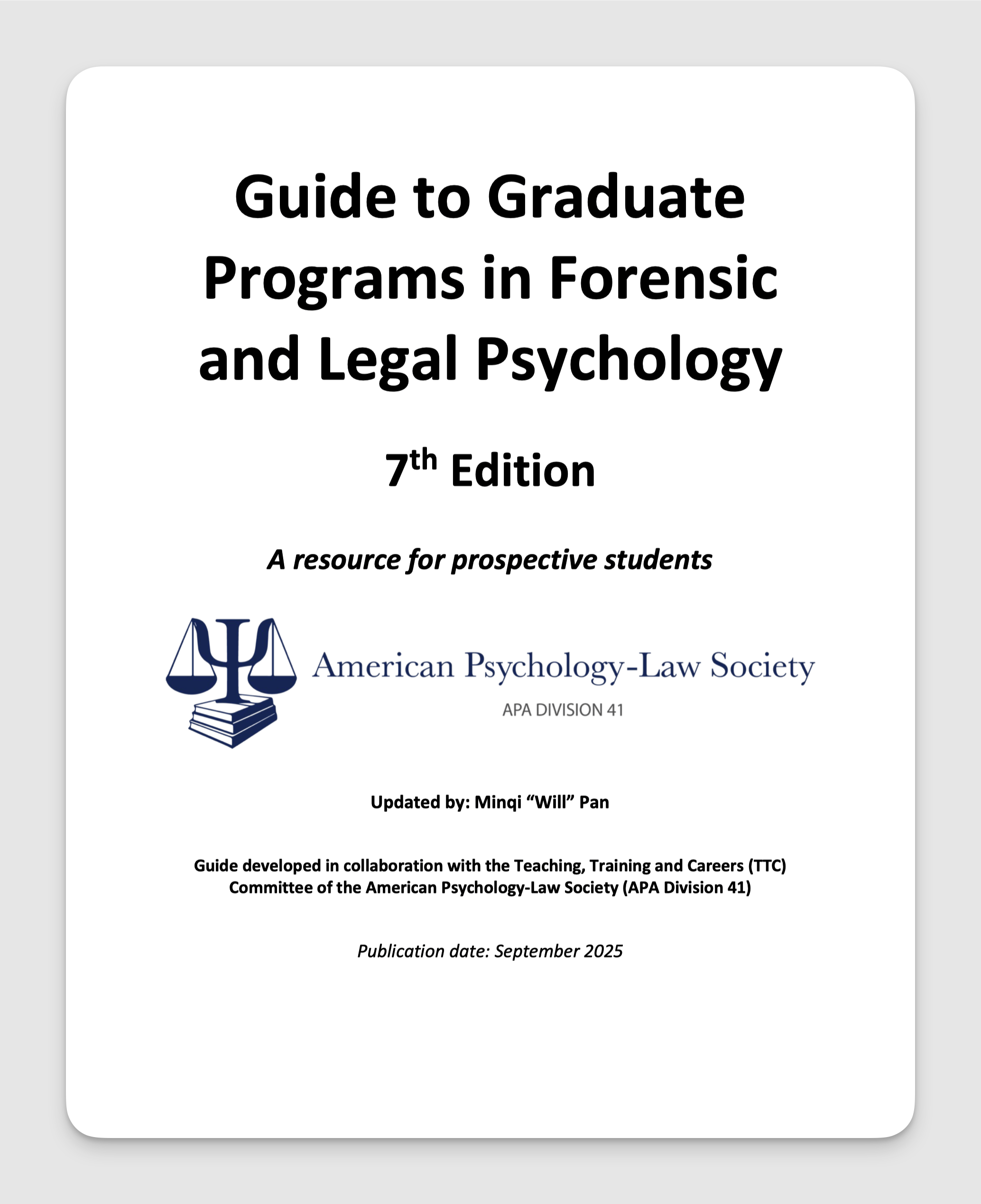 Cover of the report title Guide to Graduate Programs in Forensic and Legal Psychology 7th edition, a research for prospective students, published September 2025